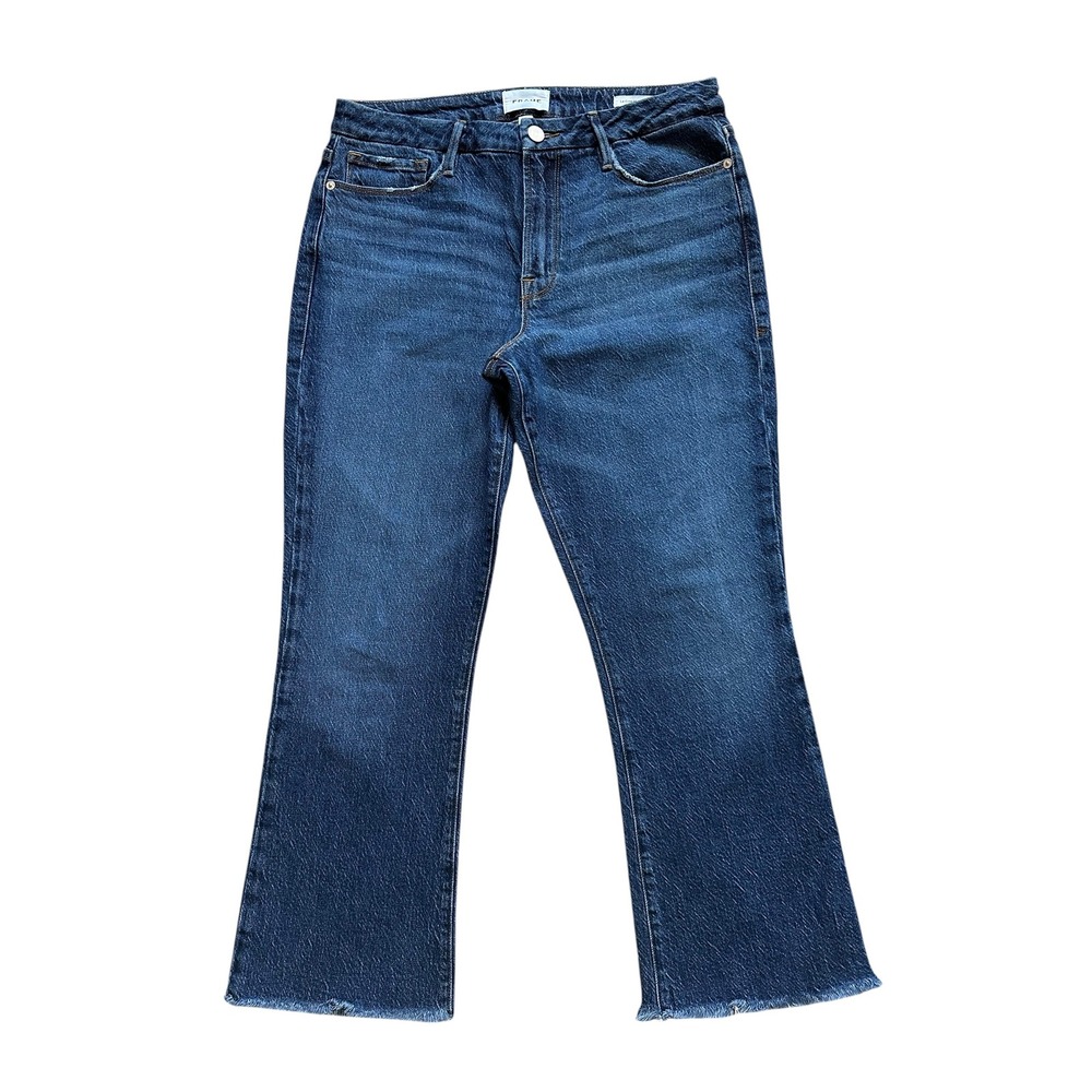 Retro Frame Le Crop Mini Boot Jeans Size 30 Dark Wash Raw Hem Flare High Rise